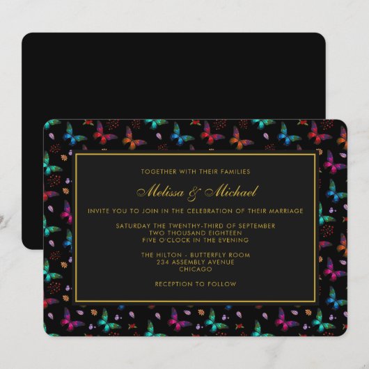 Elegant vlinderpatroon op zwarte trouwkaart kaart (Voorkant / Achterkant)