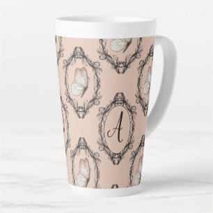 Elegant Vlinderroze Victoriaans Damask Monogram Latte Mok