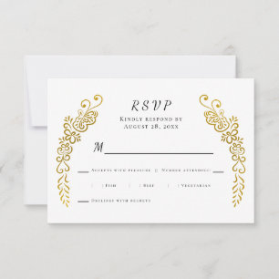 Elegant Vlourish Gold Black & White Unique Wedding RSVP Kaartje