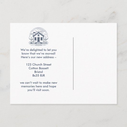 Elegant vogelblauw en crème adreswijziging aankondigingskaart (Achterkant)