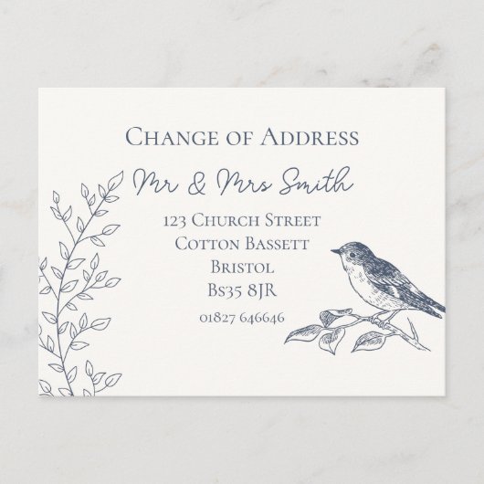 Elegant vogelblauw en crème adreswijziging aankondigingskaart (Voorkant)