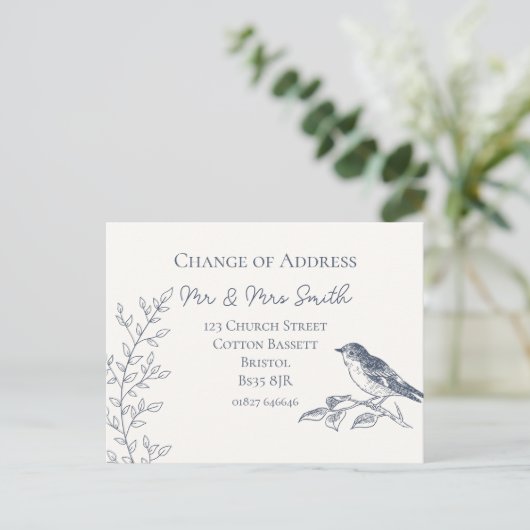 Elegant vogelblauw en crème adreswijziging aankondigingskaart (Staand voorkant)