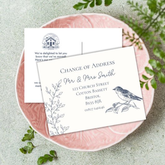 Elegant vogelblauw en crème adreswijziging aankondigingskaart