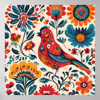 Elegant vogelontwerp in Poolse volkskunststijl Poster