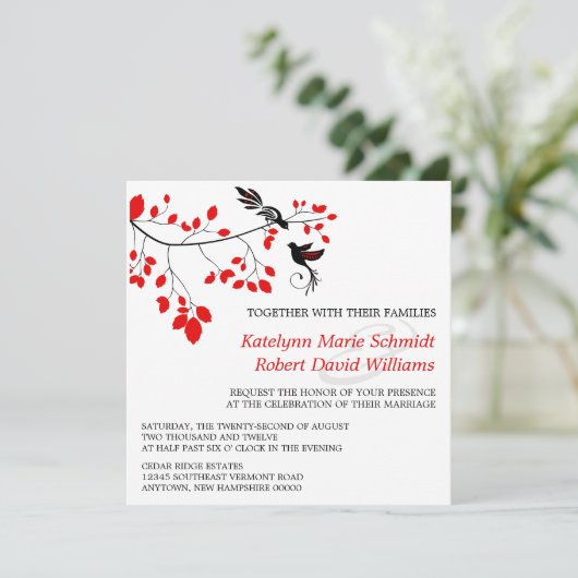 Elegant vogels op een vertakking Rood en Zwart huw Kaart (Staand voorkant)