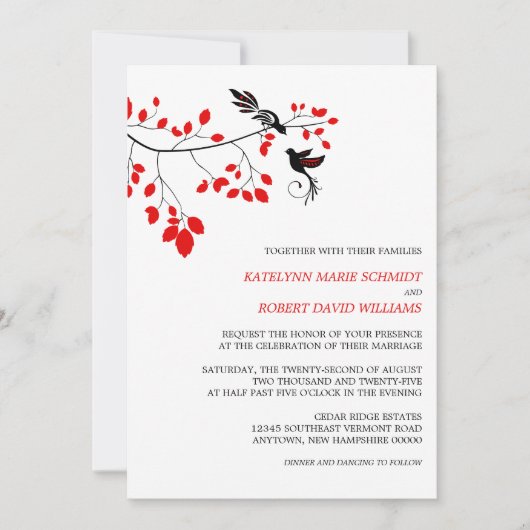 Elegant vogels op een vertakking Rood en Zwart huw Kaart (Voorkant)