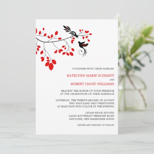 Elegant vogels op een vertakking Rood en Zwart huw Kaart (Staand voorkant)