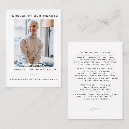 Elegant voor altijd in ons hart Uitvaartgebed Kaar Visitekaartje (Voorkant / Achterkant)