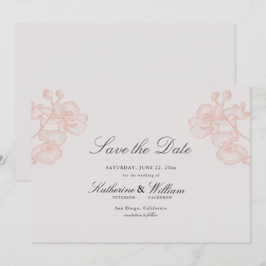 Elegant vormelijk modern Klassiek Gold Orchid Wedd Save The Date (Voorkant / Achterkant)