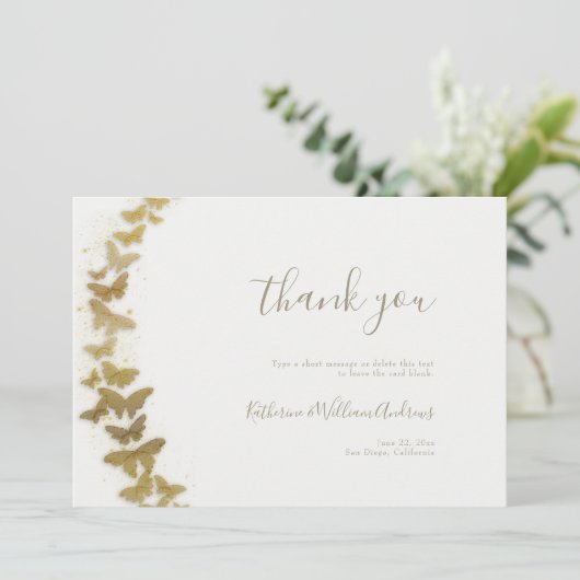 Elegant vormelijk moderne goudvlinders die binden bedankkaart (Staand voorkant)
