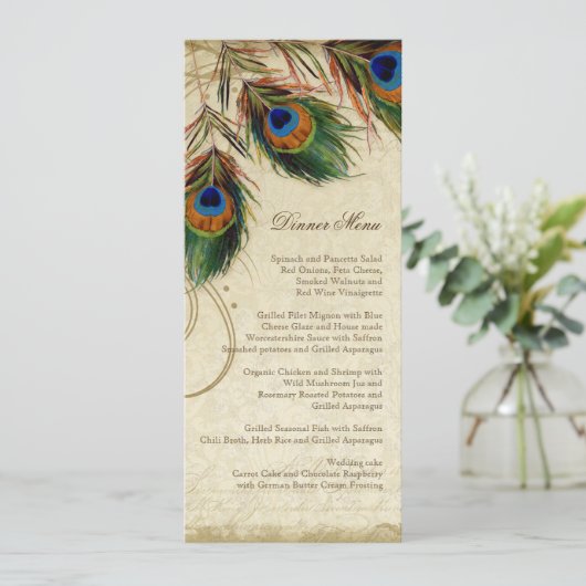 Elegant vormig diner blauw peacock  menu (Staand voorkant)