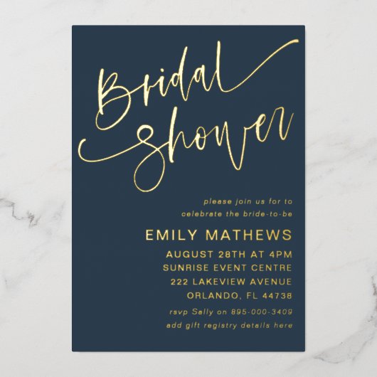 Elegant Vrijgezellenfeest Blauw & Gouden Kalligraf Folie Uitnodiging (Voorkant)