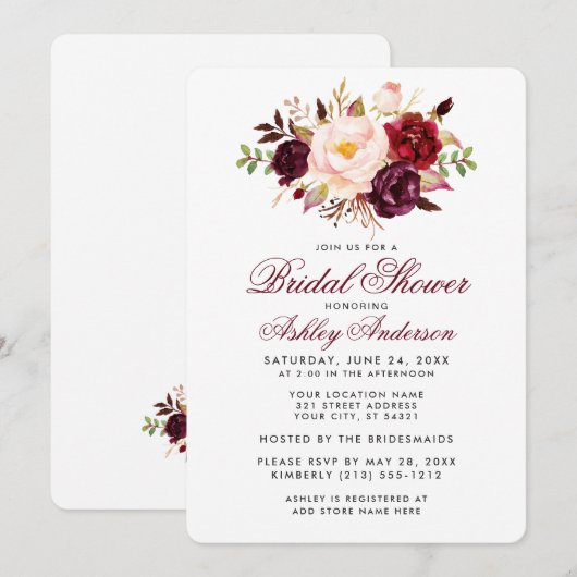 Elegant Vrijgezellenfeest Burgundy Floral Kaart (Voorkant / Achterkant)