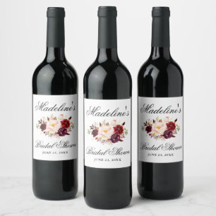 Elegant Vrijgezellenfeest Burgundy Floral Wijn Etiket