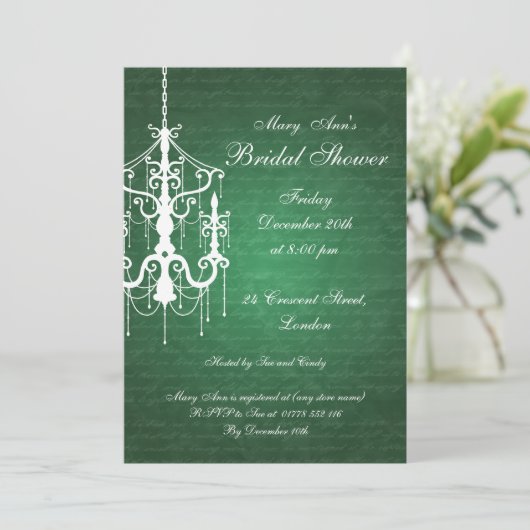 Elegant Vrijgezellenfeest Chandelier Emerald Green Kaart (Staand voorkant)