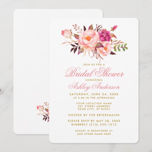 Elegant Vrijgezellenfeest Floral Pink Gold Invite Kaart (Voorkant / Achterkant)