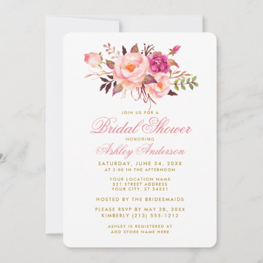 Elegant Vrijgezellenfeest Floral Pink Gold Invite Kaart (Voorkant)