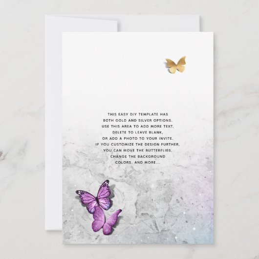 Elegant Vrijgezellenfeest voor goud en Paarse vlin Kaart (Achterkant)