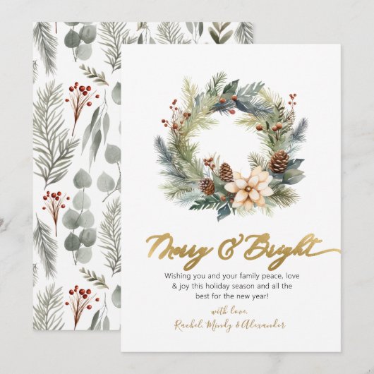 Elegant vrolijk en helder script krans kerst feestdagenkaart (Voorkant / Achterkant)