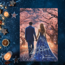 Elegant Vrolijk Kerstblauw Roze Bloemen Foto Feestdagenkaart