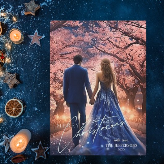 Elegant Vrolijk Kerstblauw Roze Bloemen Foto Feestdagenkaart