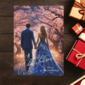 Elegant Vrolijk Kerstblauw Roze Bloemen Foto Feestdagenkaart