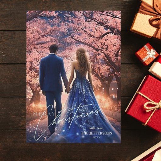 Elegant Vrolijk Kerstblauw Roze Bloemen Foto Feestdagenkaart