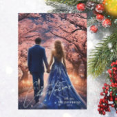 Elegant Vrolijk Kerstblauw Roze Bloemen Foto Feestdagenkaart