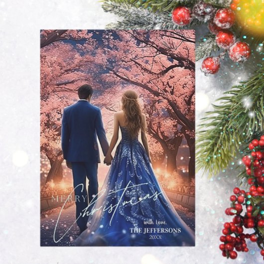 Elegant Vrolijk Kerstblauw Roze Bloemen Foto Feestdagenkaart