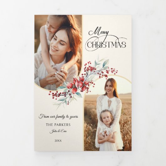 Elegant Vrolijk Kerstfeest Bloemen Gouden Boog 2-F Drieluik Kaart (Cover)