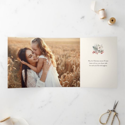 Elegant Vrolijk Kerstfeest Bloemen Gouden Boog 2-F Drieluik Kaart (Binnen)