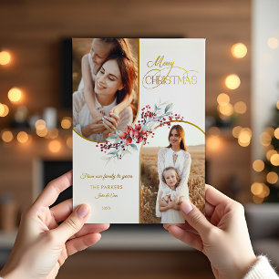 Elegant Vrolijk Kerstfeest Bloemen Gouden Boog 2-F Folie Feestdagenkaart