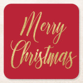 Elegant Vrolijk Kerstfeest Rood & Goud Script Eenv Kartonnen Onderzetters (Voorkant)