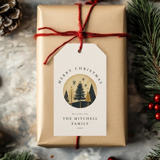Elegant Vrolijk Kerstfeest Warm Gold Pine Forest Cadeaulabel
