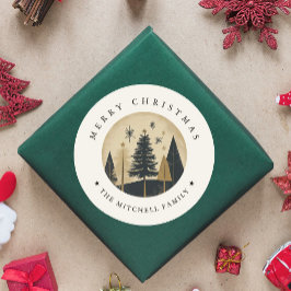 Elegant Vrolijk Kerstfeest Warm Gold Pine Forest Ronde Sticker