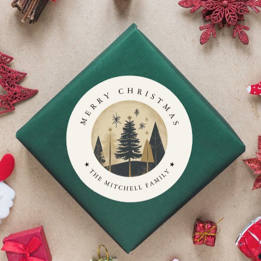 Elegant Vrolijk Kerstfeest Warm Gold Pine Forest Ronde Sticker