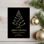 Elegant Vrolijk Kerstfeest Zwart Goud Folie Feestdagenkaart<br><div class="desc">Elegante en moderne Merry Christmas-kerstkaart met een eigentijdse kerstboom en luxe gouden folie op een zwarte achtergrond. Deze minimalistische niet-fotokaart is ideaal voor iedereen die een eenvoudige en stijlvolle benadering van hun vakantieviering deze winter wil.</div>