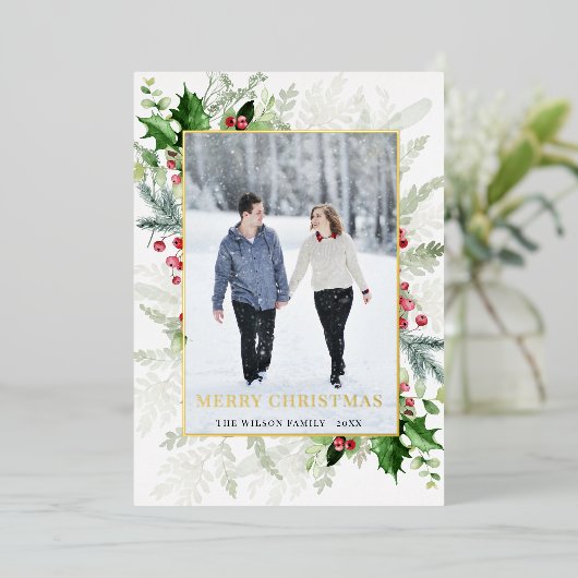 Elegant Vrolijk Kerstmis Foto Goud Folie Feestdagenkaart (Staand Voorkant)