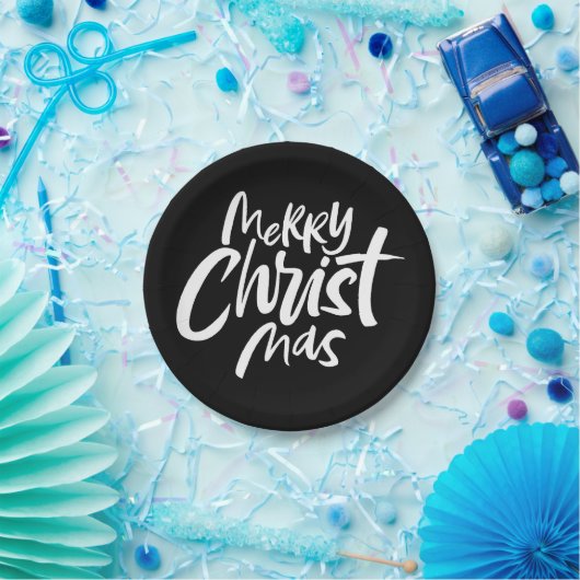 Elegant Vrolijk Kerstmis Lettering Elegant Zwart Papieren Bordje (Feest)
