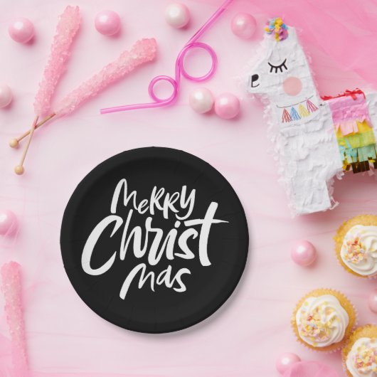 Elegant Vrolijk Kerstmis Lettering Elegant Zwart Papieren Bordje (Feest)