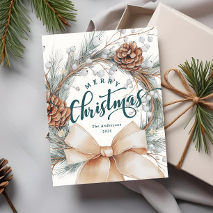 Elegant vrolijk kerstscript botanische krans feestdagenkaart