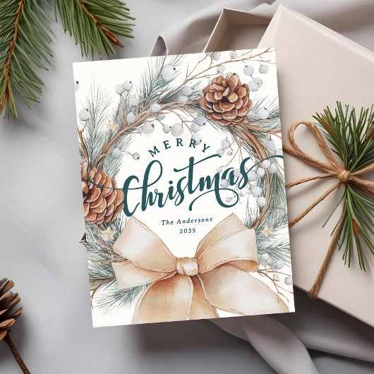 Elegant vrolijk kerstscript botanische krans feestdagenkaart