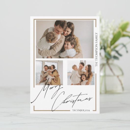 Elegant vrolijk kerstscript Multi Photo Feestdagenkaart (Staand voorkant)