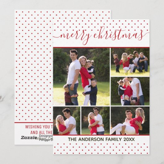 Elegant vrolijk kerstscript rode polka dot foto feestdagenkaart (Voorkant / Achterkant)