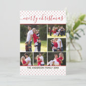 Elegant vrolijk kerstscript rode polka dot foto feestdagenkaart (Staand voorkant)