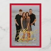 Elegant vrolijk kerstscript rood 2 foto folie feestdagenkaart (Voorkant)