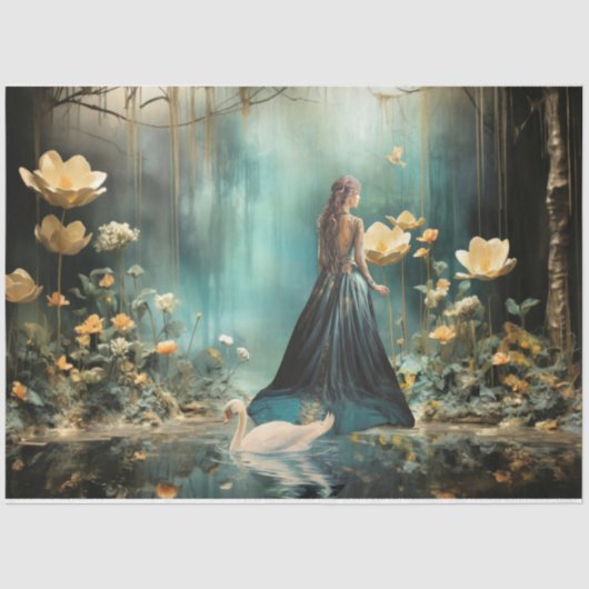 Elegant Vrouw Portret Floral Misty Forest Lake Tissuepapier (Voorkant)