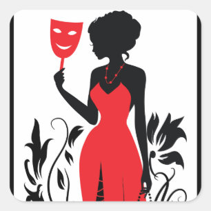 Elegant vrouw silhouet in rode jurk met masker vierkante sticker