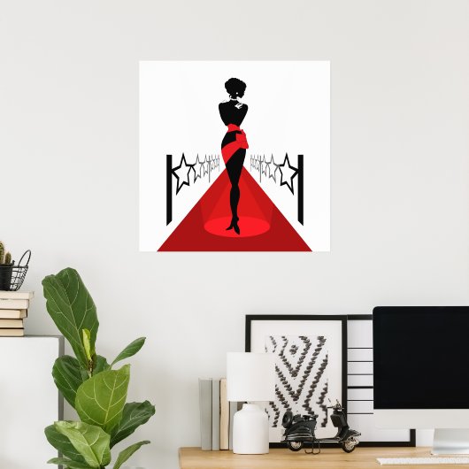 Elegant vrouw silhouette op rood tapijt met sterre poster (Thuiskantoor)