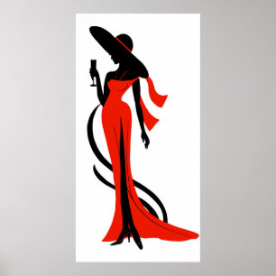Elegant vrouw silhouette rode jurk met wijnglas poster